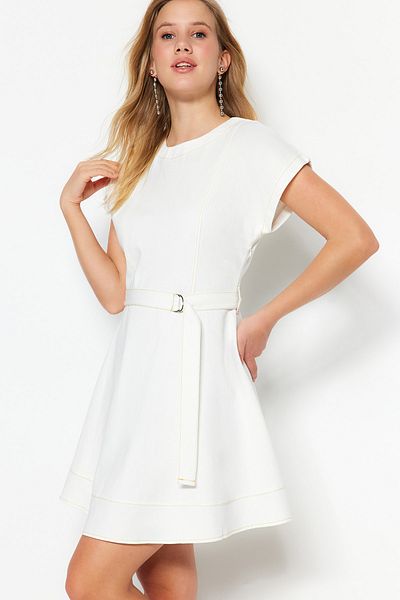 Trendyol Collection Ecru Belted Mini Lined Woven Dress TWOSS23EL01547