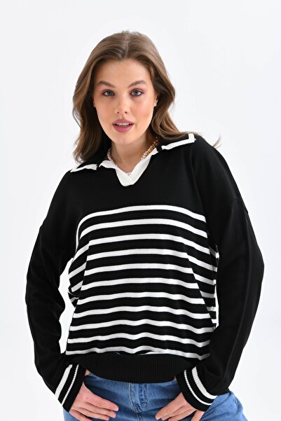 VOLT CLOTHİNG Women's Colorful Polo Neck Striped Sweater