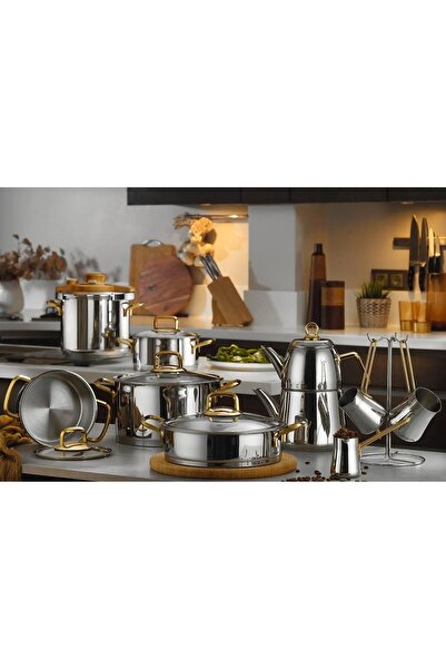 Kütahya Porselen Kütahya 18 Parça Nil Çelik Tnc Seti Gold Kulplu