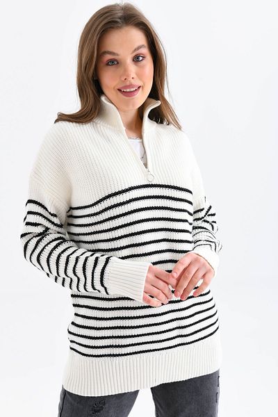 VOLT CLOTHİNG Sechs-Streifen-Strickpullover für Damen mit Rollkragen und Reißverschluss
