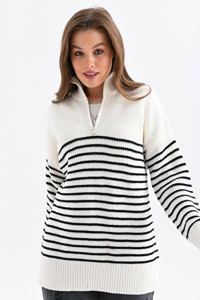 VOLT CLOTHİNG Γυναικείο πλεκτό πουλόβερ με φερμουάρ έξι ριγέ