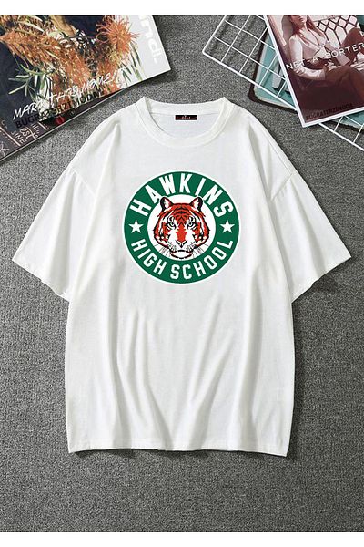 Buğraterzimoda Tricou oversize alb de epocă cu imprimeu Hawkins High School