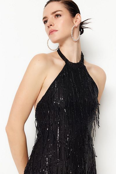 Trendyol Collection Rochie de seară cu paiete strălucitoare, căptușită pe corp, neagră TPRSS23EL00461