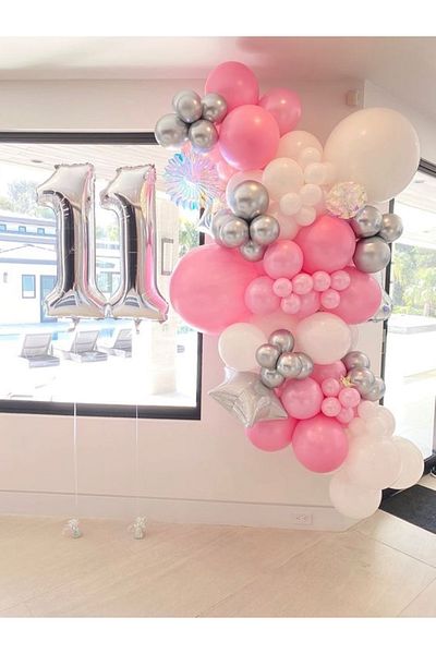 MERİ PARTİ 11 Year Old Birthday Pink White Silver Chrome Balloon And Chain Star Foil Balloon 11 Year Old Foil Balloon