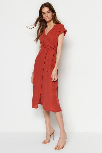 Trendyol Collection Cinnamon Belted Double Breasted Form Midi Woven Dress TWOSS23EL01542