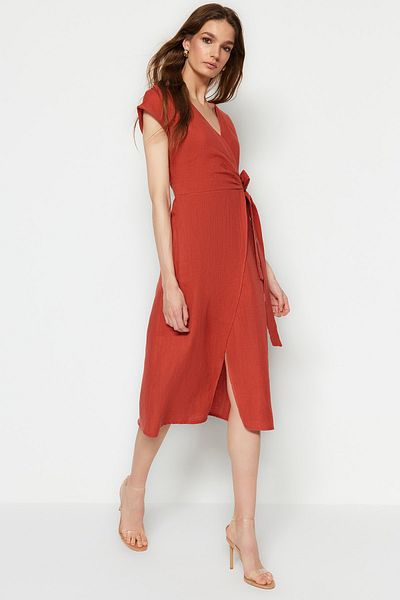 Trendyol Collection Cinnamon Belted Double Breasted Form Midi Woven Dress TWOSS23EL01542