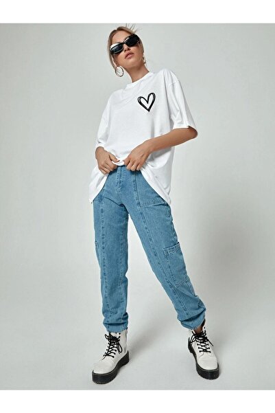 WNWGKN Trendpunky Minimal Heart Printed Ανοιχτό καφέ Oversize Tshirt
