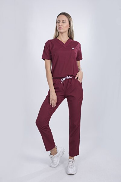 monotıp Costum chirurgical unisex Soft material elastic - Uniformă pentru asistentă medicală, mânecă artificială, roșu claret