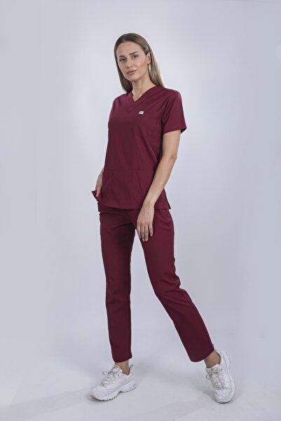 monotıp Soft Likralı Cerrahi Takım,hemşire Forması,unısex,takma Kol,bordo