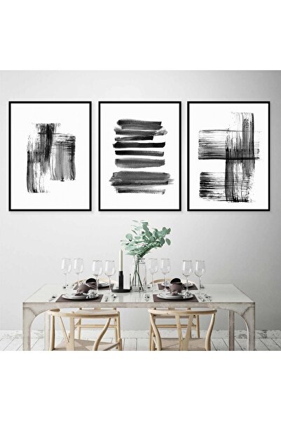 Linacci Set de pictură abstractă cu linii din sticlă, cu cadru metalic din aluminiu negru triplu