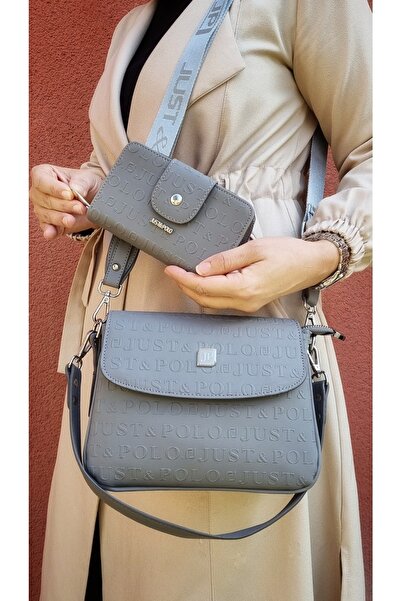 Just Polo Justpolo Kadın Gri 4 Bölmeli Çanta Cüzdan Takımı