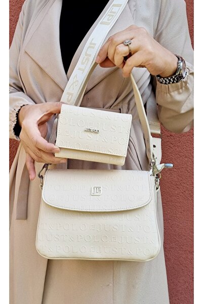 Just Polo مجموعة محفظة نسائية من Justpolo باللون الكريمي مكونة من 4 أقسام