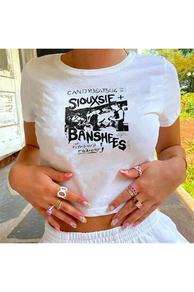 Gofeel Siouxsie Banshees Λευκό γυναικείο μπλουζάκι με στάμπα, Crop Top Μπλούζα