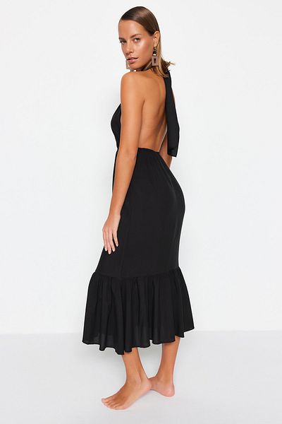 Trendyol Collection Černé midi tkané křížové zavazovací plážové šaty TBESS23EL00087