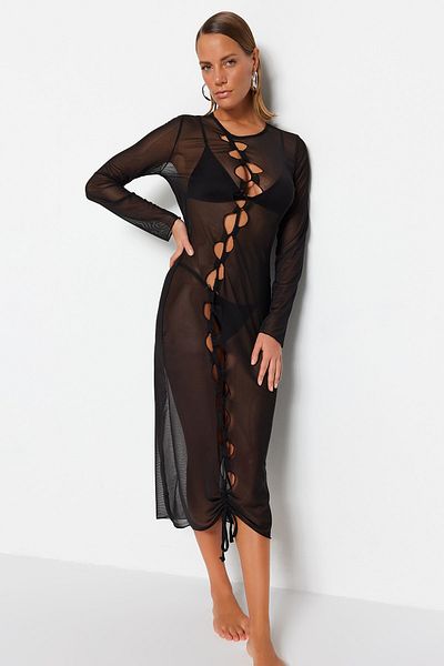 Trendyol Collection Black Fitted Midi Woven Cut Out/Window Beach Dress TBESS23EL00059