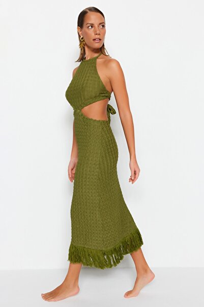 Trendyol Collection Maxi Khaki Πλεκτό Φόρεμα Παραλίας - Cut Out Λεπτομέρεια, TBESS23EL00154