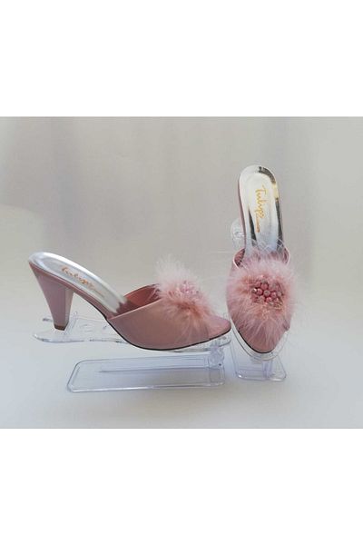 karaoğlu Heeled Feathered Stone Powder Bridal Slippers