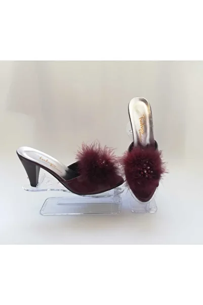 karaoğlu Heeled Feathered Stoned Burgundy Bridal Slippers