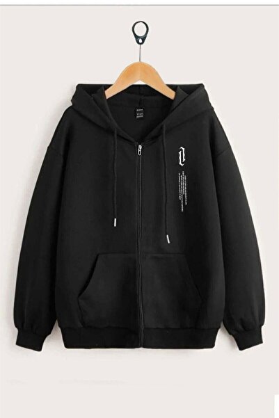 ORLONTEX Cardigan oversize cu glugă, unisex, negru, imprimat vertical