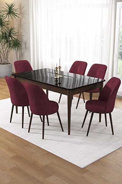 Canisa Pir Serisi 80x130 Sabit Siyah Mermer Desen Kahve Ayak Masa Takımı Ve 6...