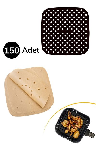 Buffer ® 150 Pieces Square Model Baking Paper And Washable Silicone Airfryer Container 21.5 Cm