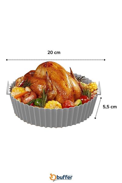 Buffer ® Colorful Silicone Airfryer Gray Round Baking Mat 20 Cm and 50 Pieces of Baking Paper