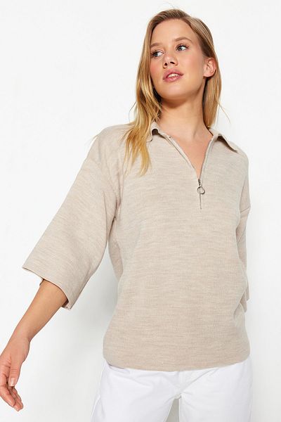 Trendyol Collection Stone Wide Fit Zippered Basic Knitwear Sweater TWOAW23BZ00000