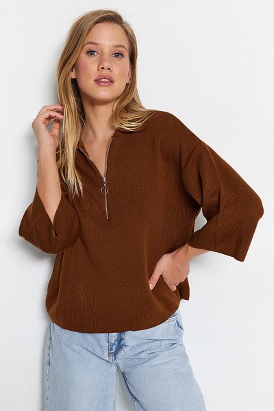 Trendyol Collection Brown Wide Fit Zippered Basic Knitwear Sweater TWOAW23BZ00000