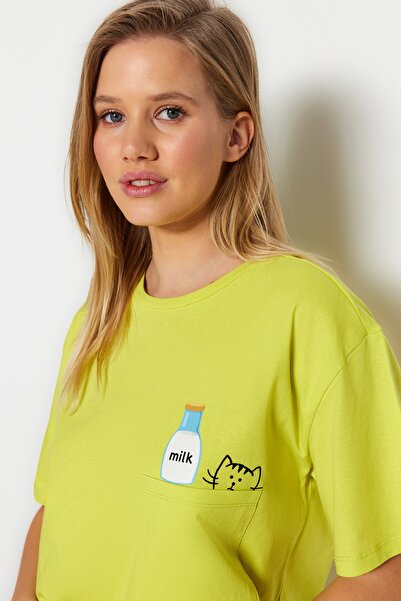 Trendyol Collection Světle zelená bavlněná nabíraná souprava pleteného pyžama Thmss22Pt0422