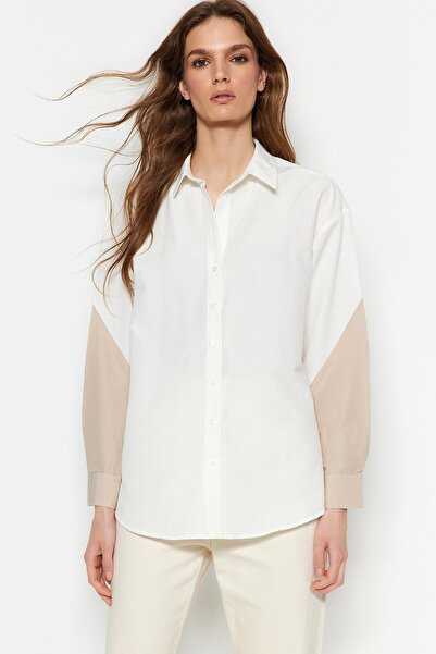 Trendyol Collection Ecru Color Block Boyfriend Wide Fit Woven Shirt TWOSS23GO00393