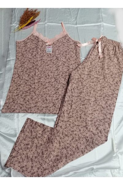JENİKA Women's 2-Piece Rope Strap V-Neck Lace Detail Slim Fit Pajama Set