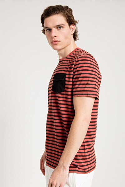 JAHR MARC Red Black Striped Short Sleeve T-shirt with Front Pocket