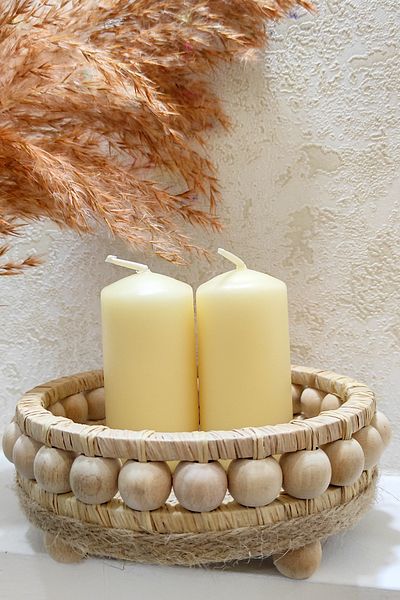 DEKOLOBİ Wicker Handmade Wooden Beaded Decorative Tray 18 cm