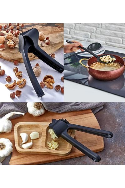 Vi Caro 3-Piece Advantageous Set Walnut Hazelnut Cracker Teflon Colander Garlic Masher Hard Plastic