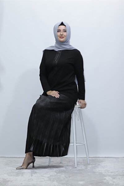 Zey&Ka Butik Büyük Beden Deri Garnili Piliseli Etek Bluz Ikili Takım