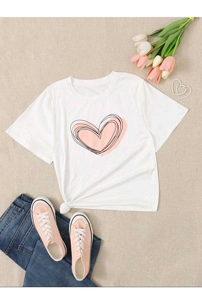 BRAVELY Unisex White Crew Neck Βαμβακερό Tshirt Pink Heart Printed