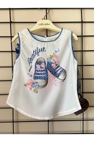 Moonstar Girl's Chiffon Top with Denim Shorts 2 Piece Set