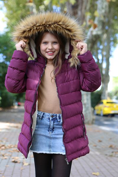 Transacoustic Girl's Purple Extra Soft Filling Silver Zippered Plush Hooded Faux Fur Coat Inside