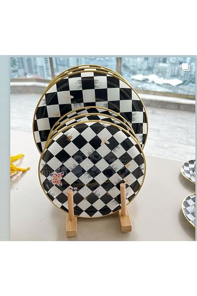 poncikceurunler 12-Piece Checkerboard Pattern Serving and Cake Plate Set for 6 People