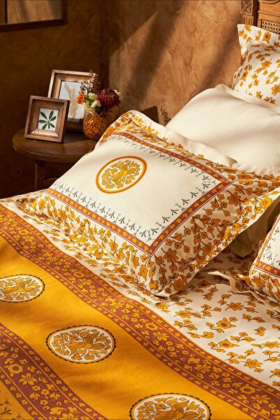 Karaca Home Paye Seljuk Series Anka Mustard 100% Cotton Double Duvet Cover Set
