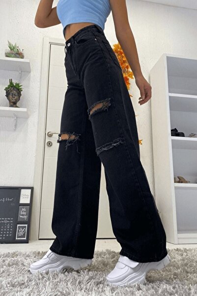 Trn JNS My Love 90's Black Ripped Lycra Super High Waist Loose Jean Trousers. (super High.)
