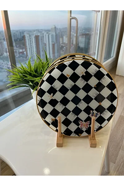 PONCİKPAZAR 6 Person Checkerboard Pattern Serving Plate Set
