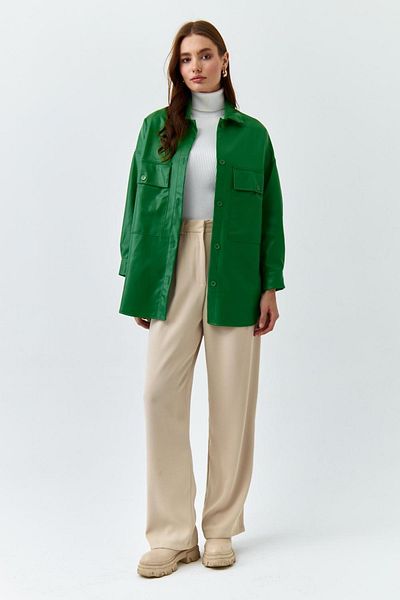 Tuba Butik Double Pocket Faux Leather Green Women's Shirt Jacket