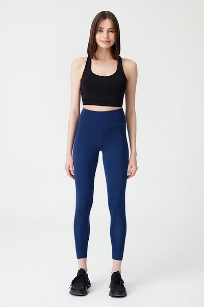 Los Ojos Navy Blue High Waist Stitching Detailed Sports Leggings High Rise