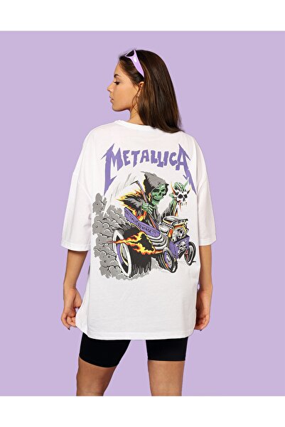 Bak Moda Tricou alb supradimensionat unisex cu imprimeu violet Metallica