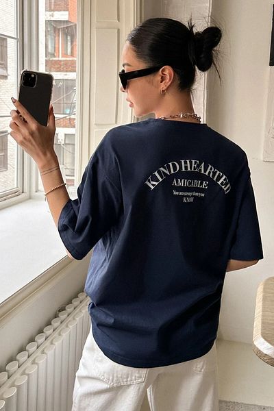 MODAGEN Μπλουζάκι Unisex Navy Blue Kind Hearted με στάμπα Oversize