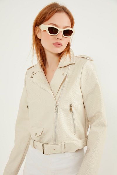 MEECY Women's Snakeskin Detailed Leather Jacket