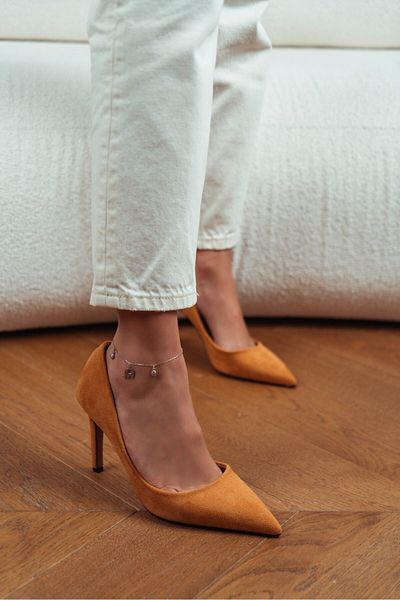 NİŞANTAŞI SHOES Дамски обувки на токчета Melody Camel Suede 8 см с остър връх и тънък ток