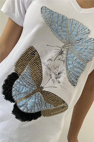 FEMELLE Tricou alb de damă, cu decolteu în V, cu paiete fluture, brodat 100% bumbac