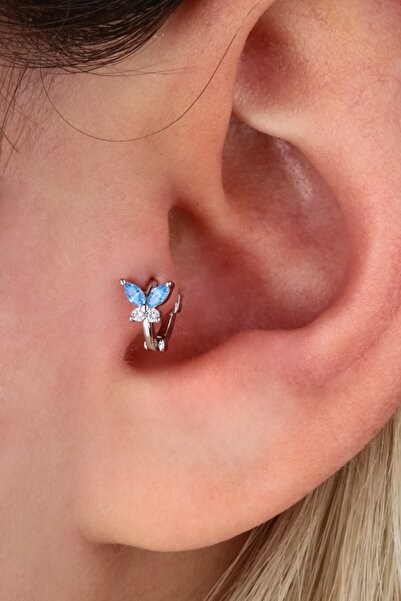 Vilma Aksesuar Tragus Cerrahi Çelik Mavi Taşlı Kelebek Piercing Gümüş Renk (6mm)